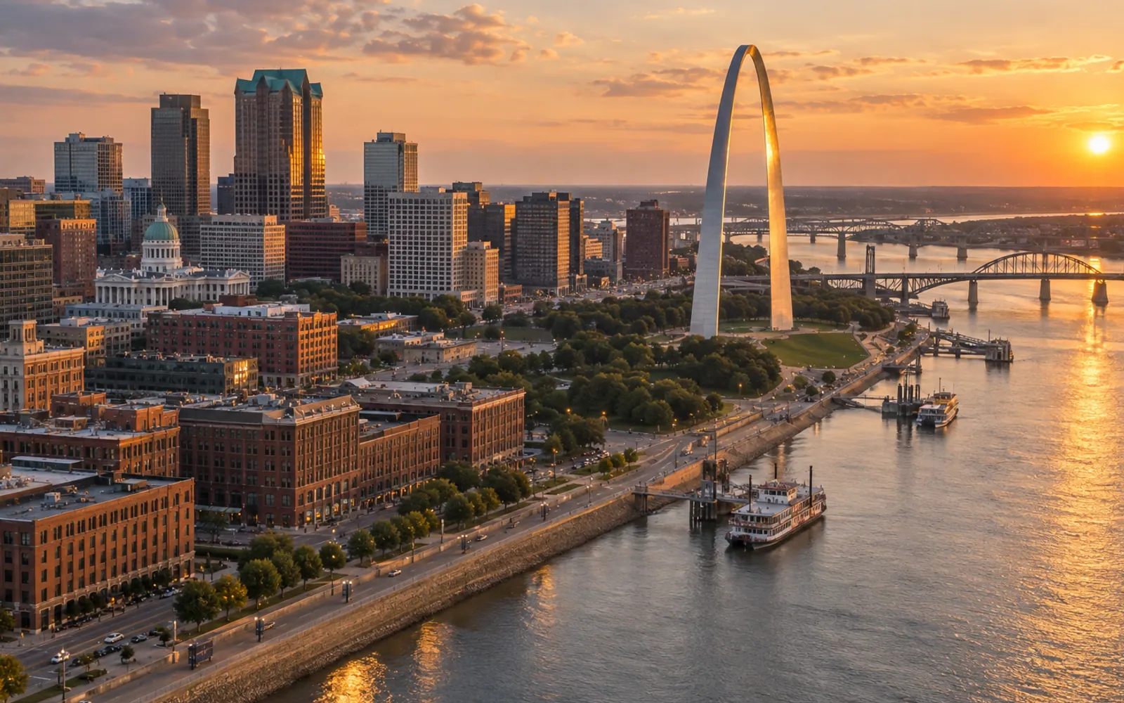 Aerial view of a river city skyline at golden hour