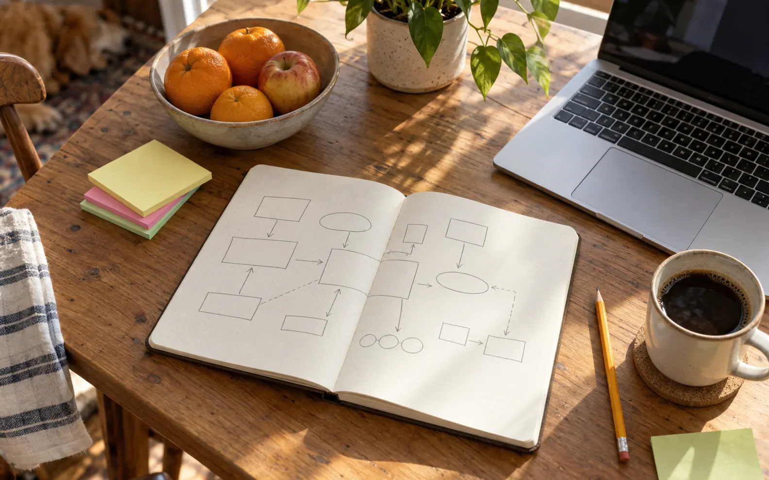 Notebook with a hand-drawn business plan on a table