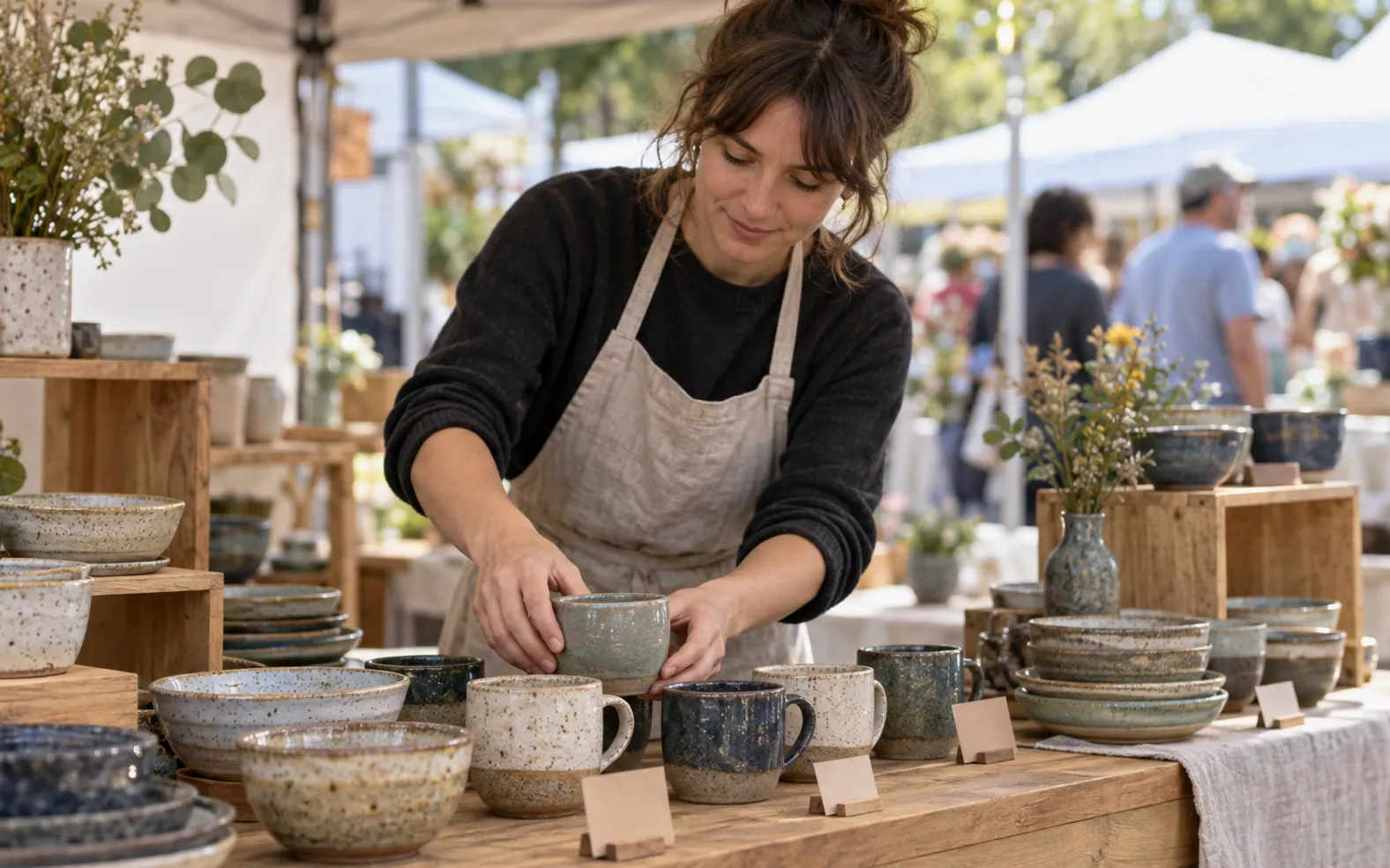 Handmade ceramics with blank price tags on a market table