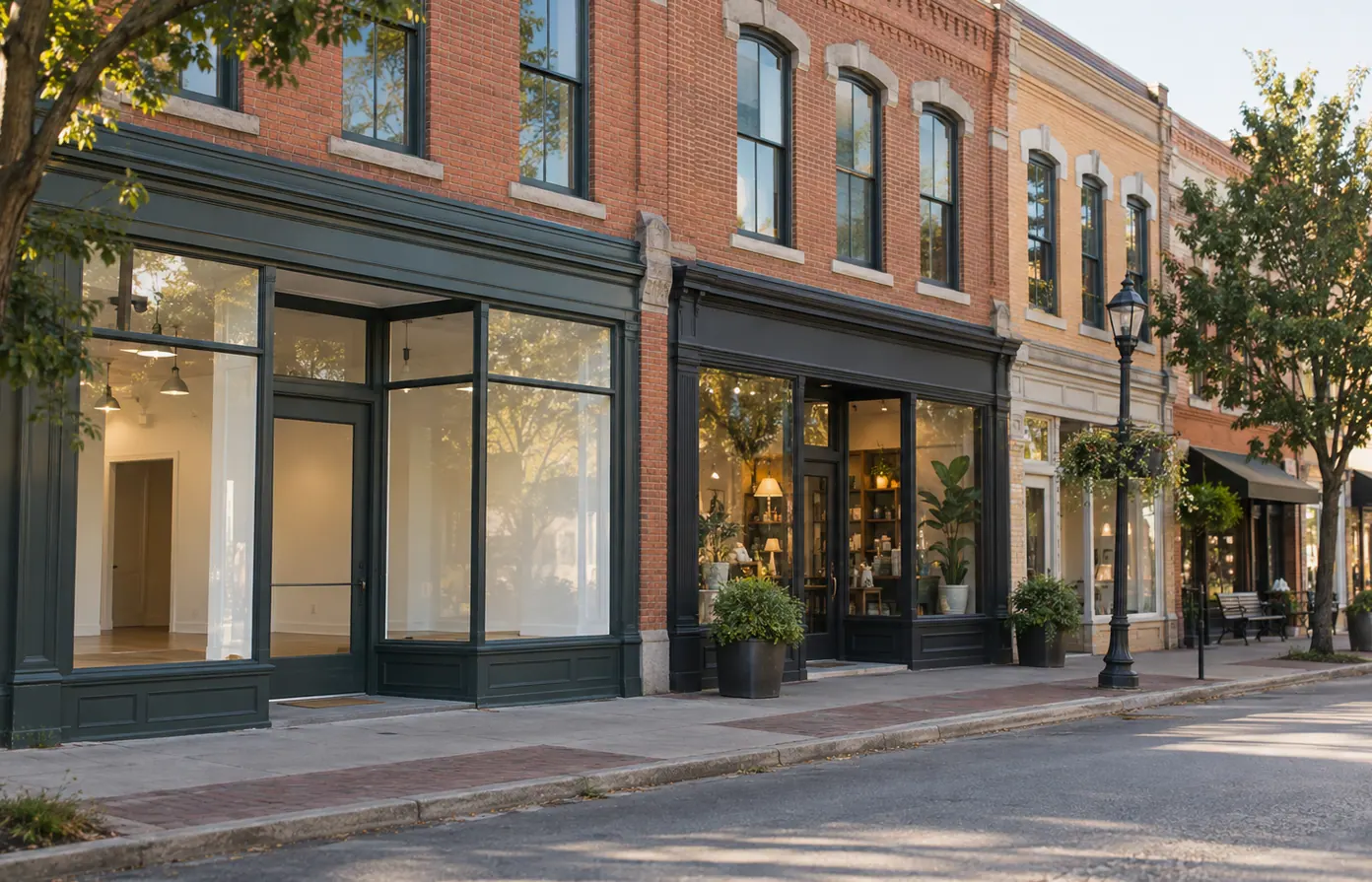 Row of restored brick commercial buildings