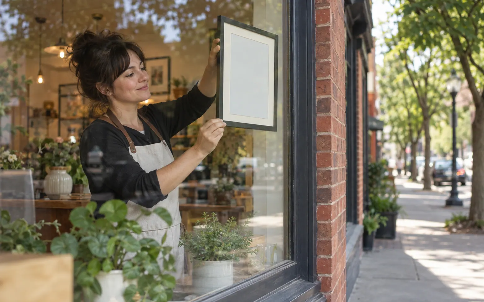 Shop owner hanging a framed permit in a storefront window