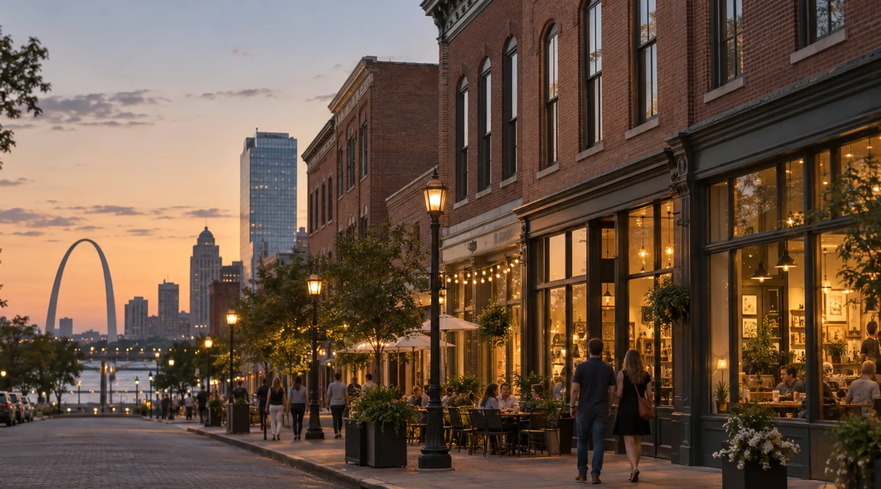 Brick storefronts on a riverfront commercial street at dusk, with the city skyline and arch behind