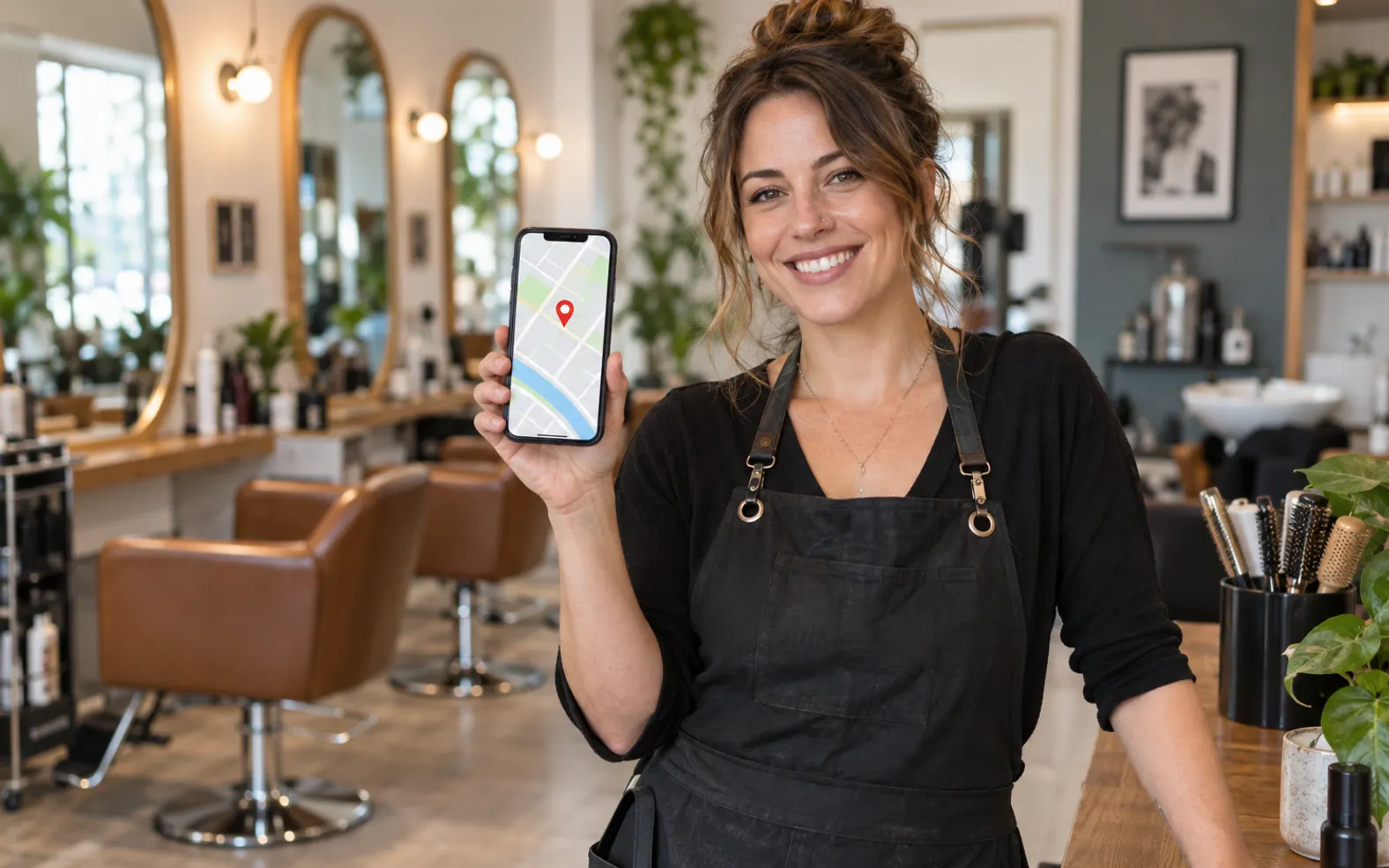 Salon owner holding a phone with a map pin on screen