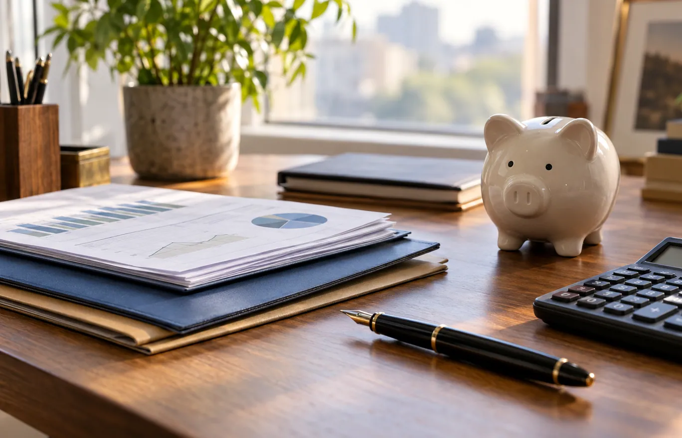 Desk with folders, a calculator and a piggy bank