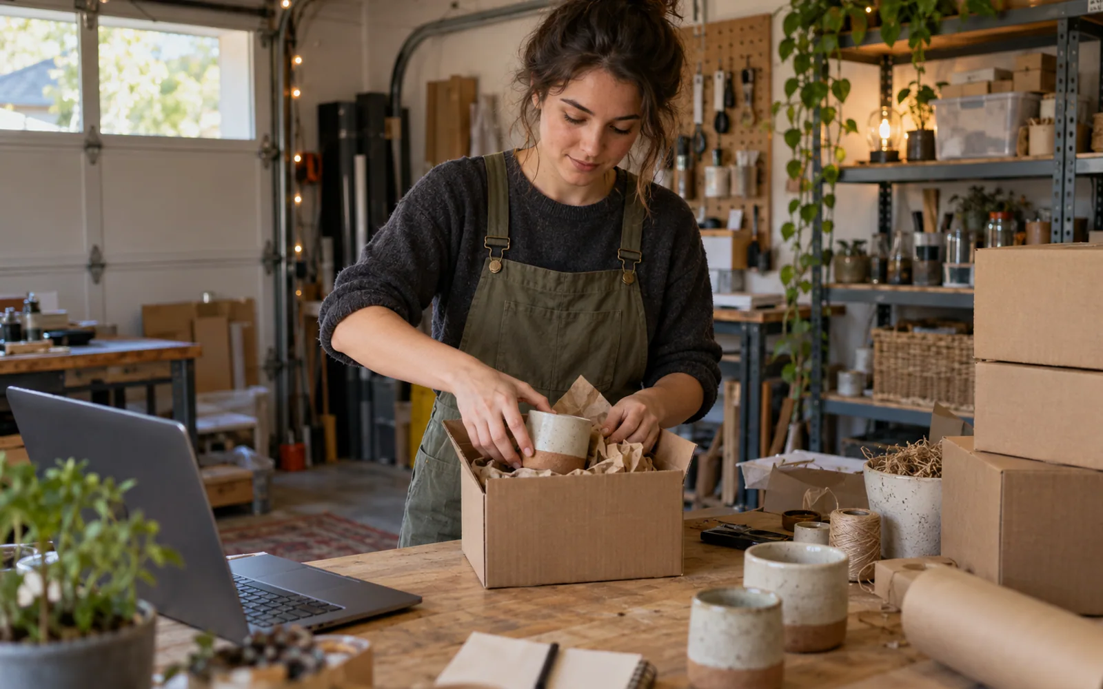 Founder packing orders in a small garage workshop
