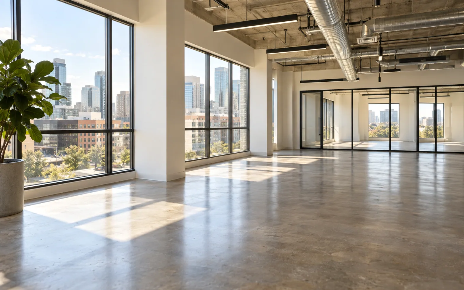 Vacant commercial office suite with large windows