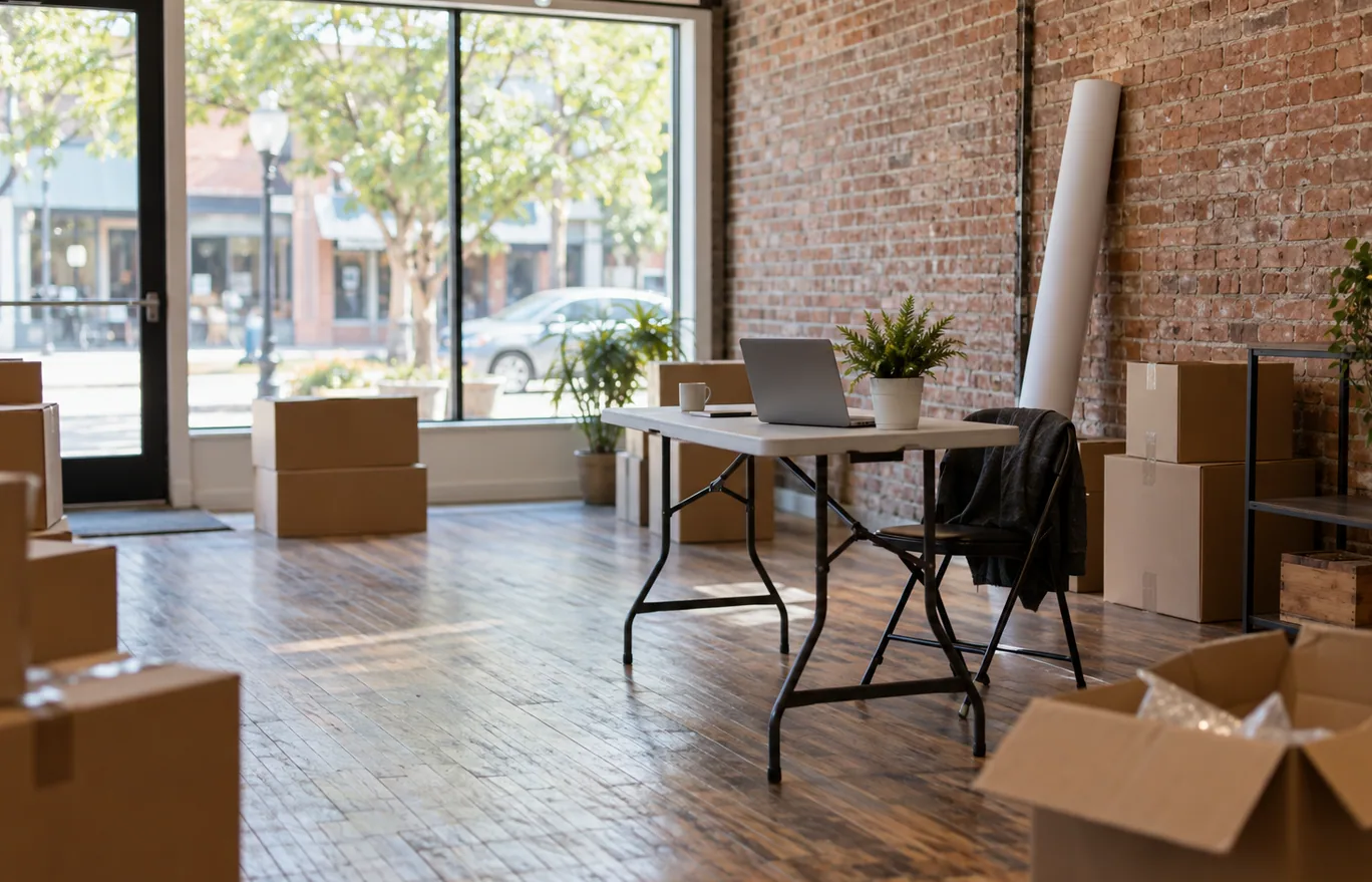 Freshly rented storefront with boxes and a laptop
