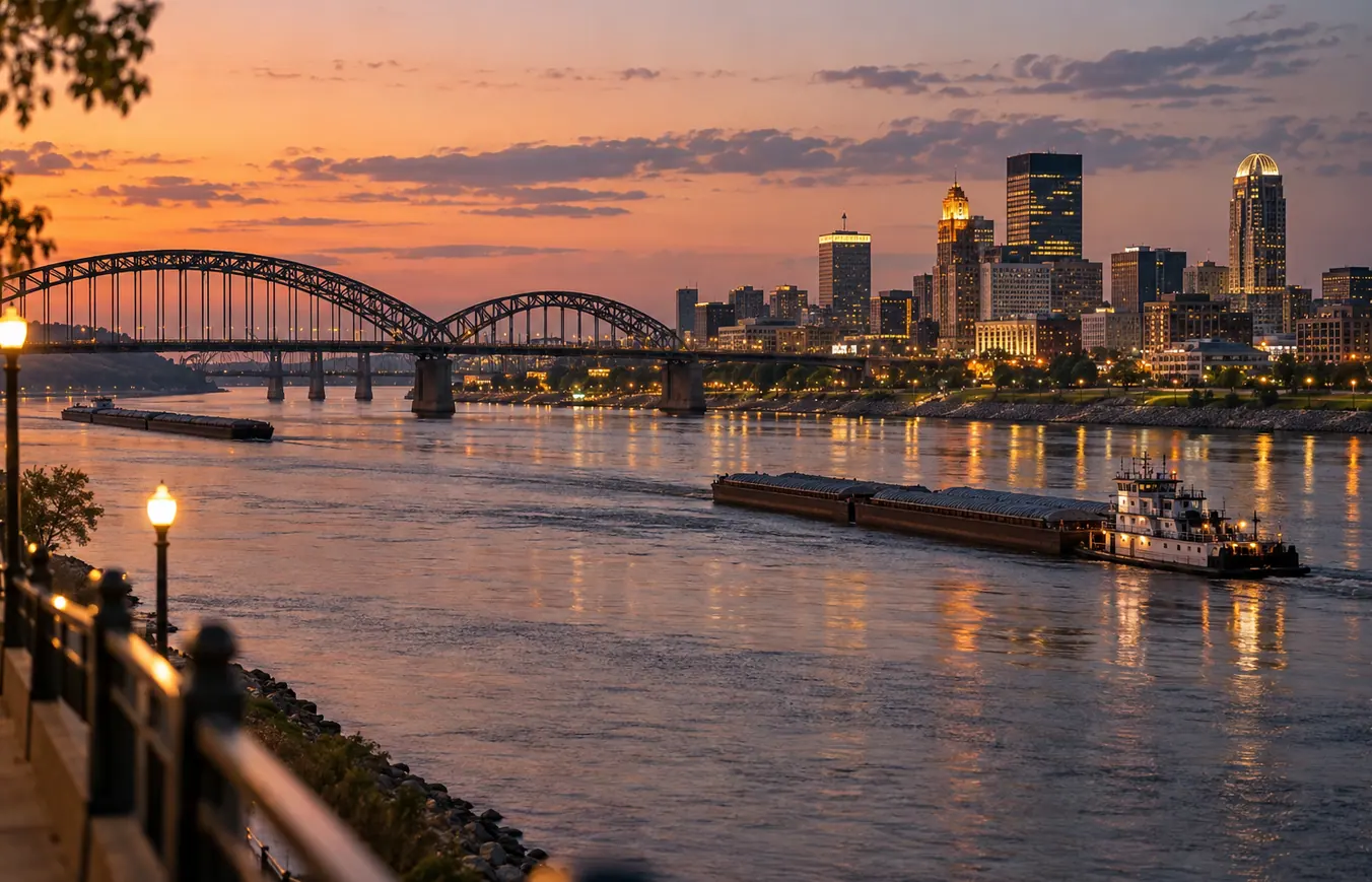 Riverfront with bridges and the downtown skyline at dusk